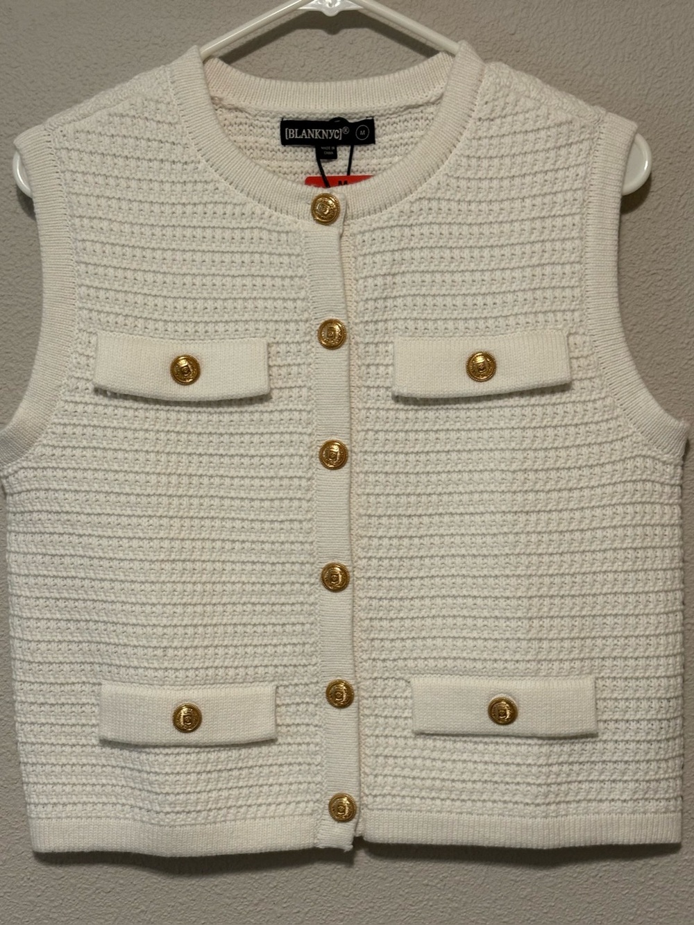 Blank NYC Cream Knit Button Front Vest with Gold Buttons